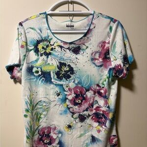 Basic Editions White Short Sleeve Tee with Pink & Blue Floral Print